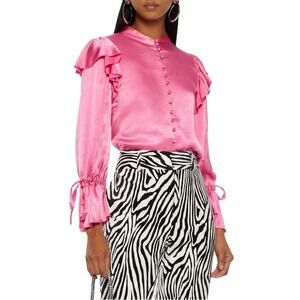 Alice + Olivia | Womens Barbie Pink Brayden Ruffled Satin Blouse Tie Sleeves Top